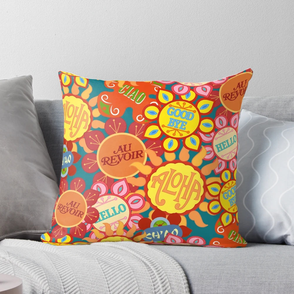 Vibrant, cartoon-style flowers on a nostalgic, Disney-inspired pillow