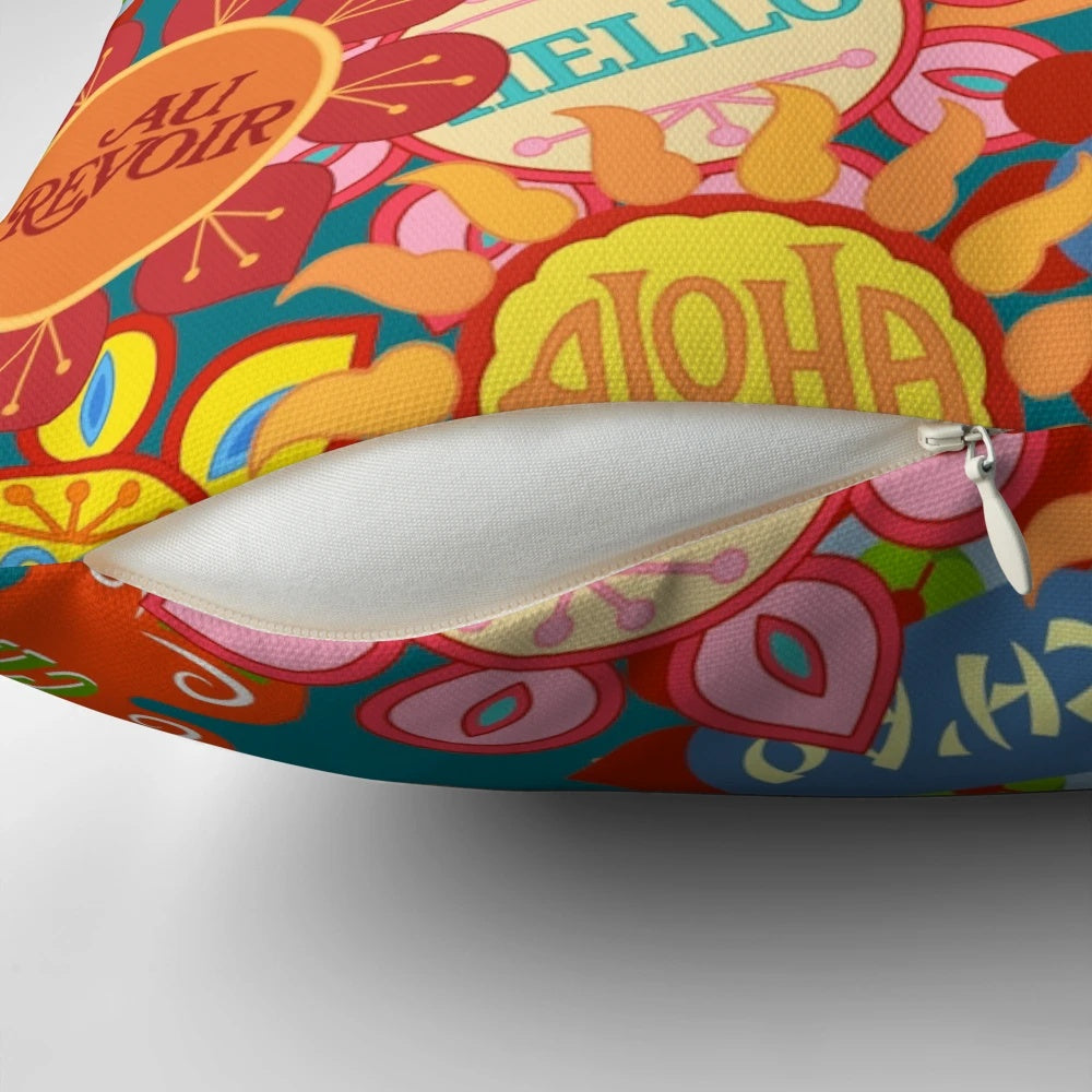 Vibrant, cartoon-style flowers on a nostalgic, Disney-inspired pillow