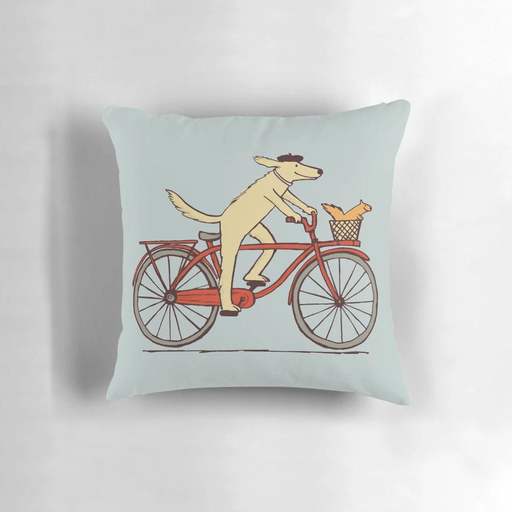 Playful illustration of a dog riding a bicycle with a squirrel friend