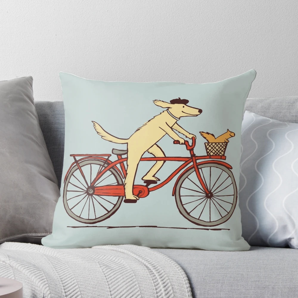 Playful illustration of a dog riding a bicycle with a squirrel friend