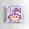 Illustration of a smiling, cartoon Shiba Inu dog on a pastel, whimsical pillow