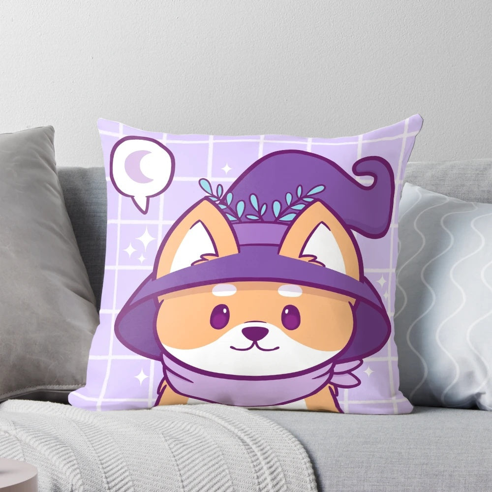 Illustration of a smiling, cartoon Shiba Inu dog on a pastel, whimsical pillow