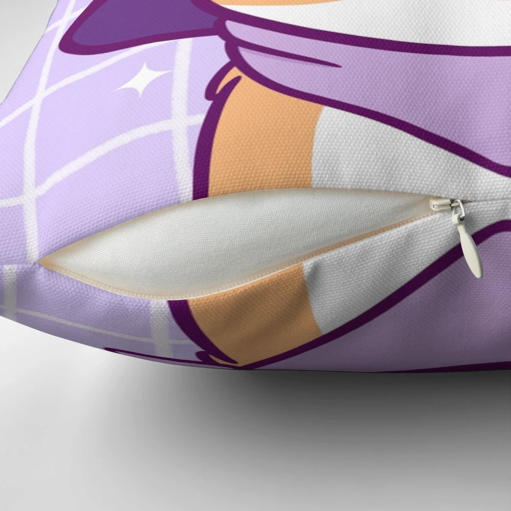 Illustration of a smiling, cartoon Shiba Inu dog on a pastel, whimsical pillow