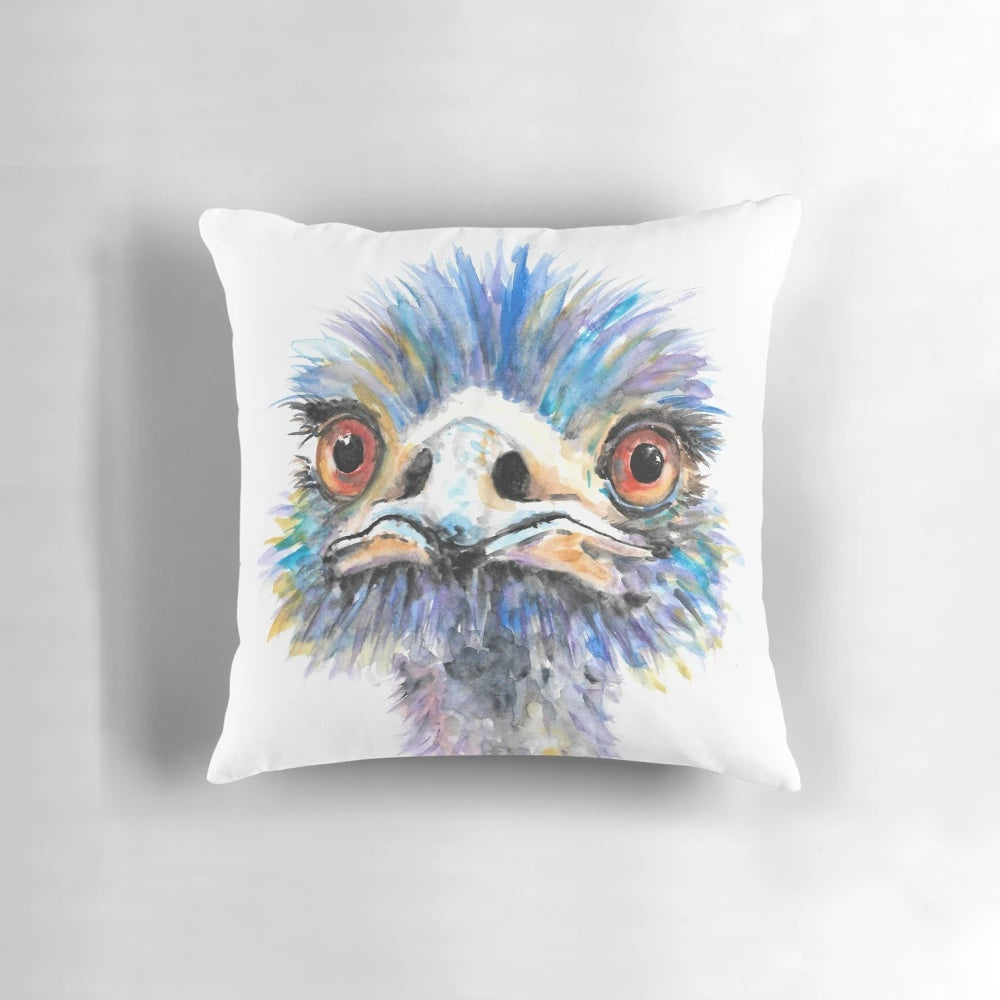 Colorful and quirky emu bird pillow with a playful, comic-style facial expression