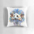 Colorful and quirky emu bird pillow with a playful, comic-style facial expression
