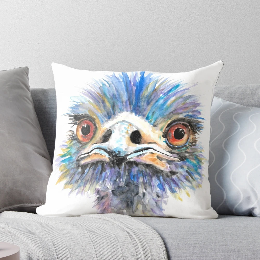 Colorful and quirky emu bird pillow with a playful, comic-style facial expression