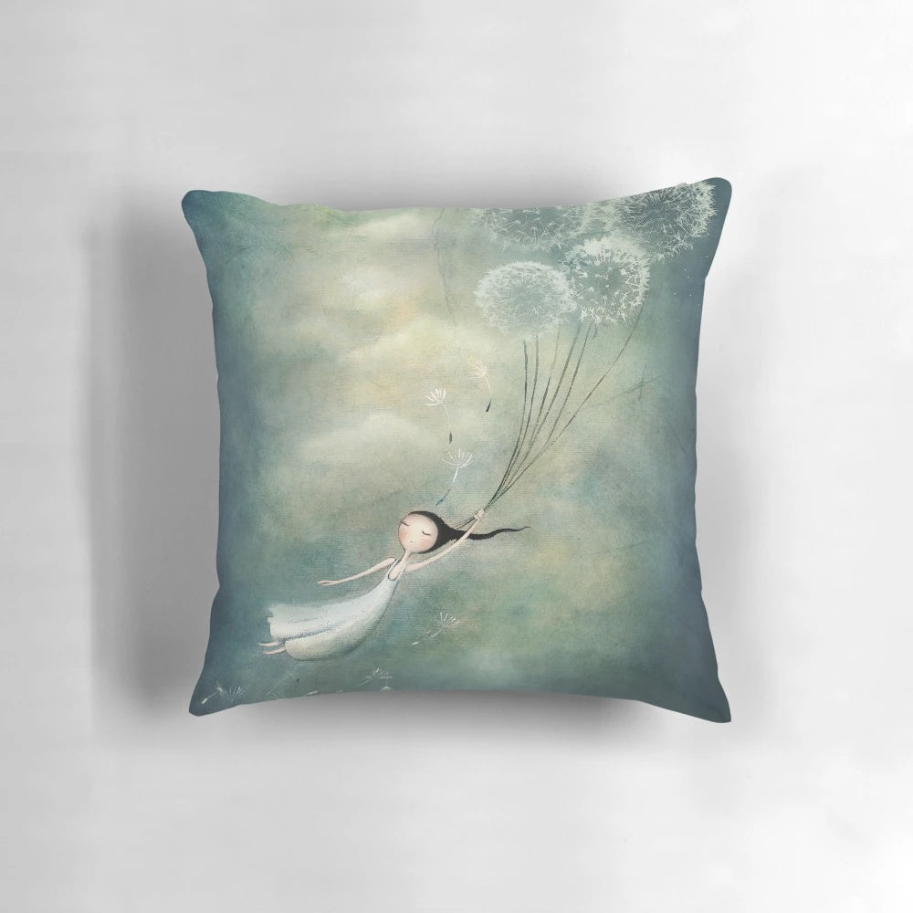 Decorative fairy-themed throw pillow with whimsical floral and dandelion design
