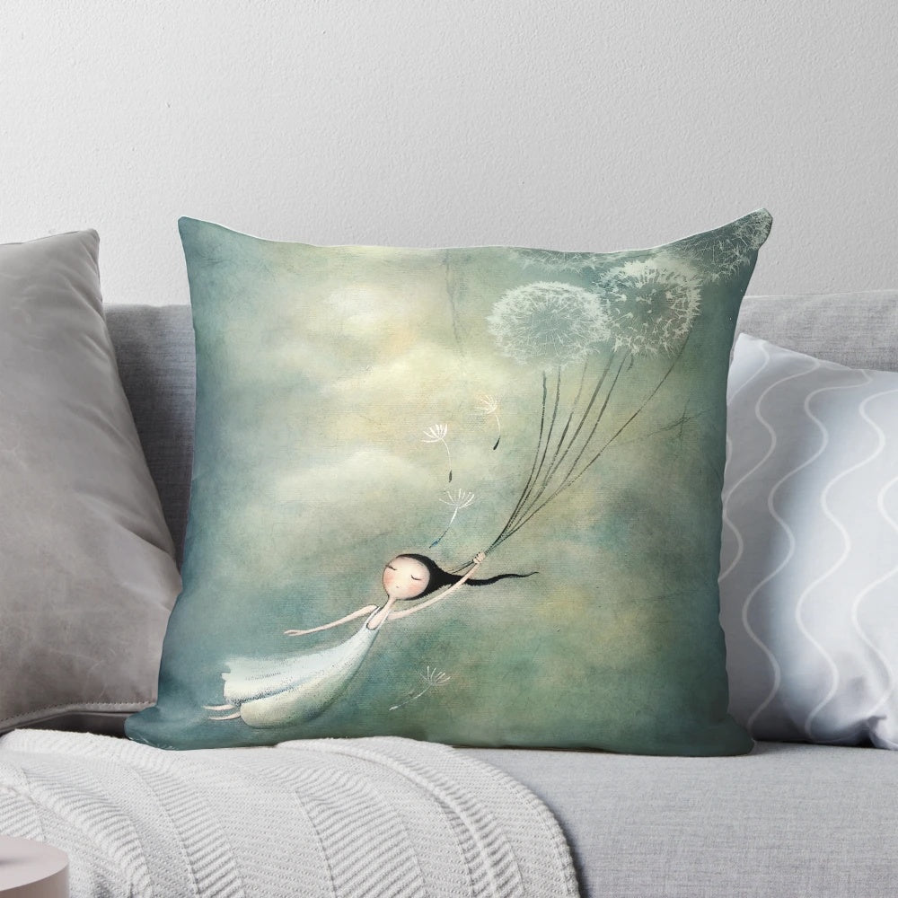 Decorative fairy-themed throw pillow with whimsical floral and dandelion design