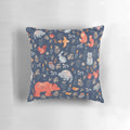 Decorative blue background pillow featuring a charming pattern of forest animals like foxes, bears, raccoons, owls, and rabbits.
