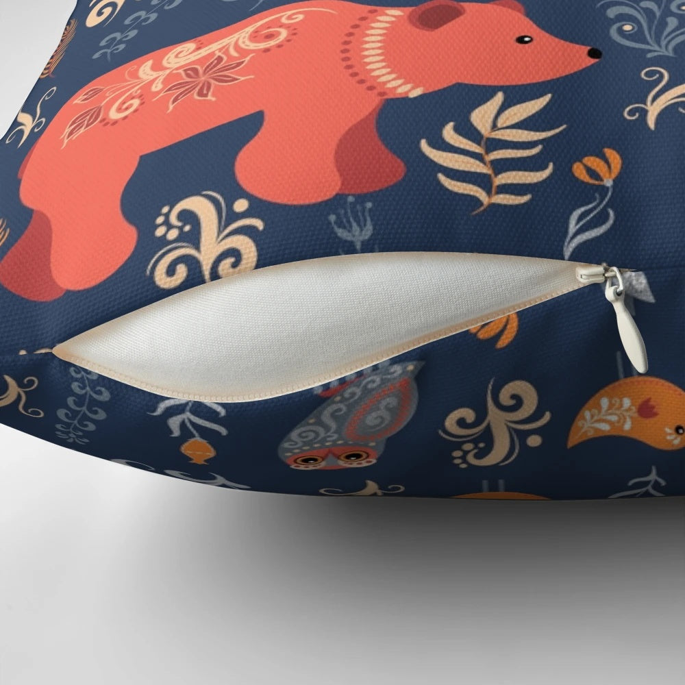 Decorative blue background pillow featuring a charming pattern of forest animals like foxes, bears, raccoons, owls, and rabbits.