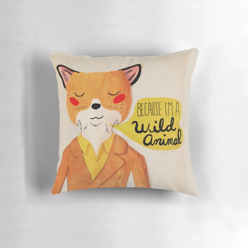 Whimsical 'Fantastic Mr. Fox' inspired pillow featuring a wild animal design, perfect for cozy home decor