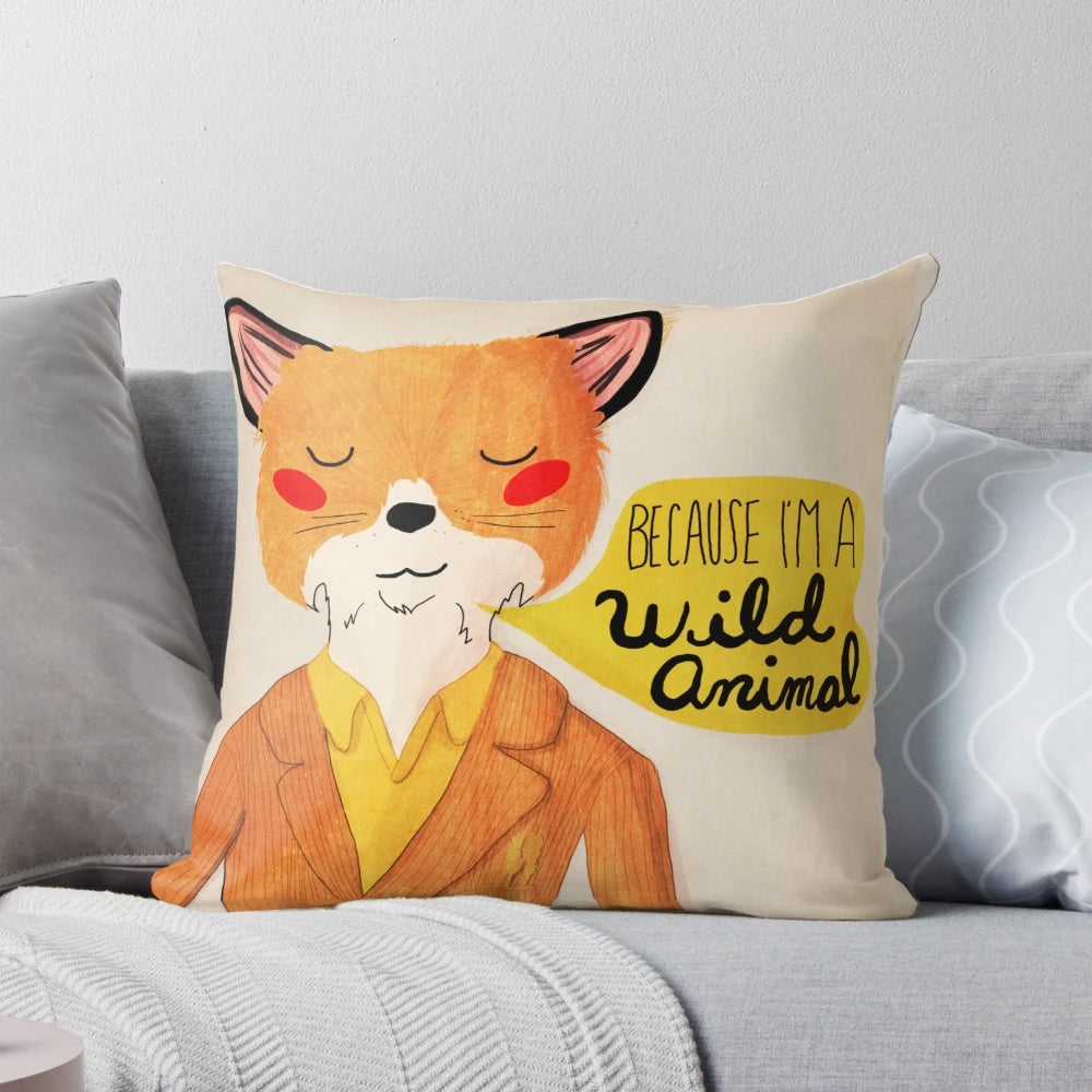 Whimsical 'Fantastic Mr. Fox' inspired pillow featuring a wild animal design, perfect for cozy home decor