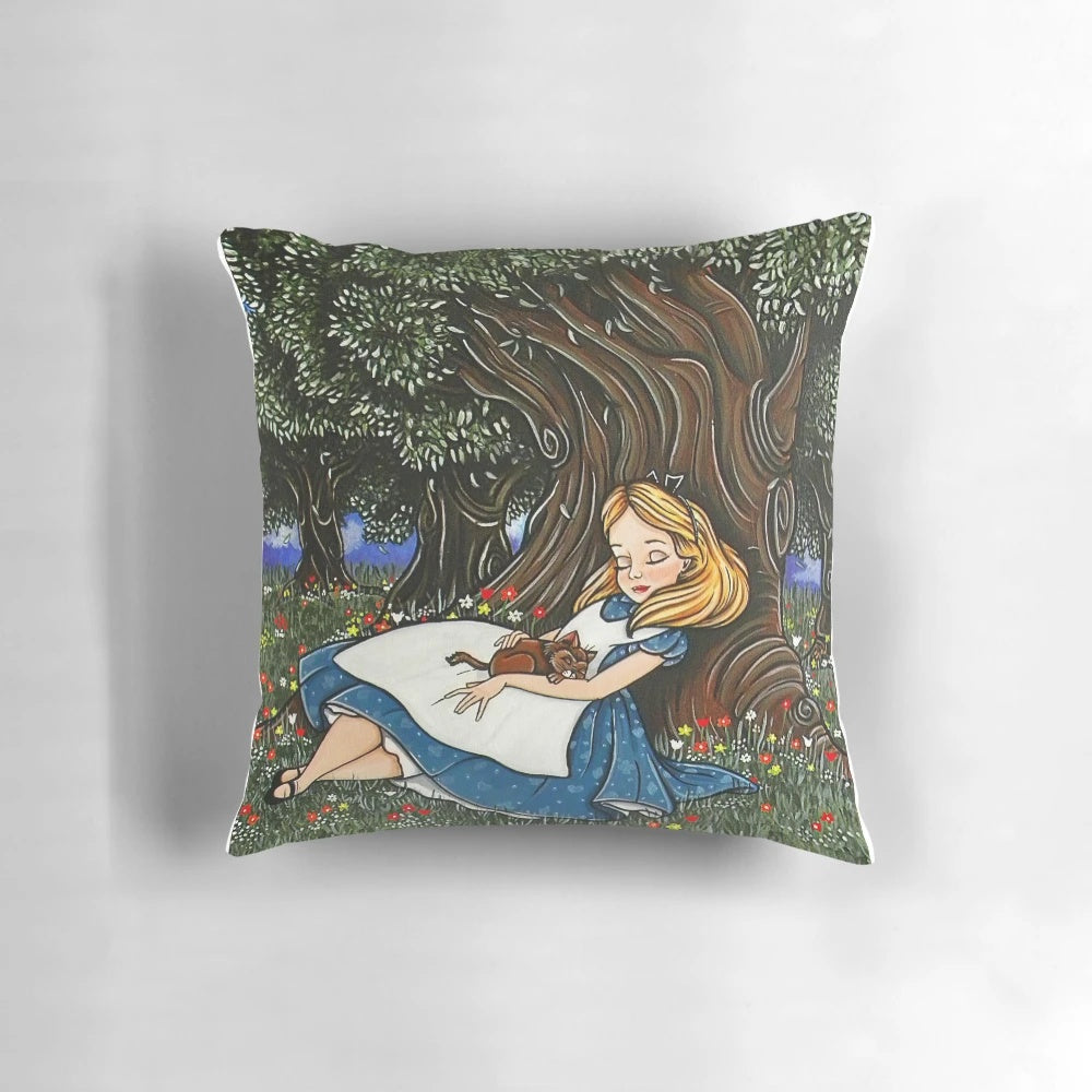 Whimsical fantasy art pillow featuring an Alice in Wonderland inspired design with a sleeping cat and nature elements