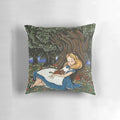Whimsical fantasy art pillow featuring an Alice in Wonderland inspired design with a sleeping cat and nature elements