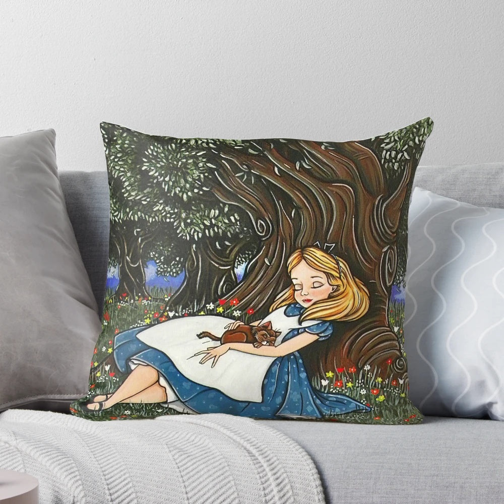 Whimsical fantasy art pillow featuring an Alice in Wonderland inspired design with a sleeping cat and nature elements
