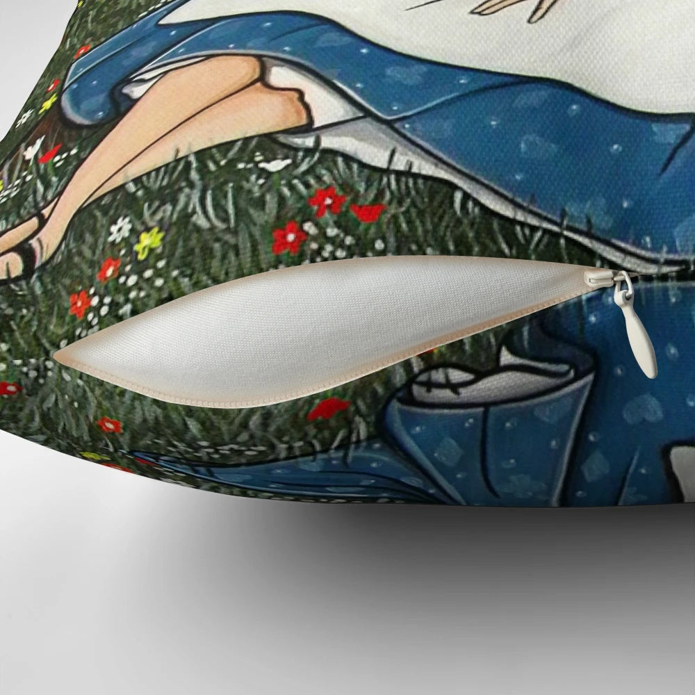Whimsical fantasy art pillow featuring an Alice in Wonderland inspired design with a sleeping cat and nature elements