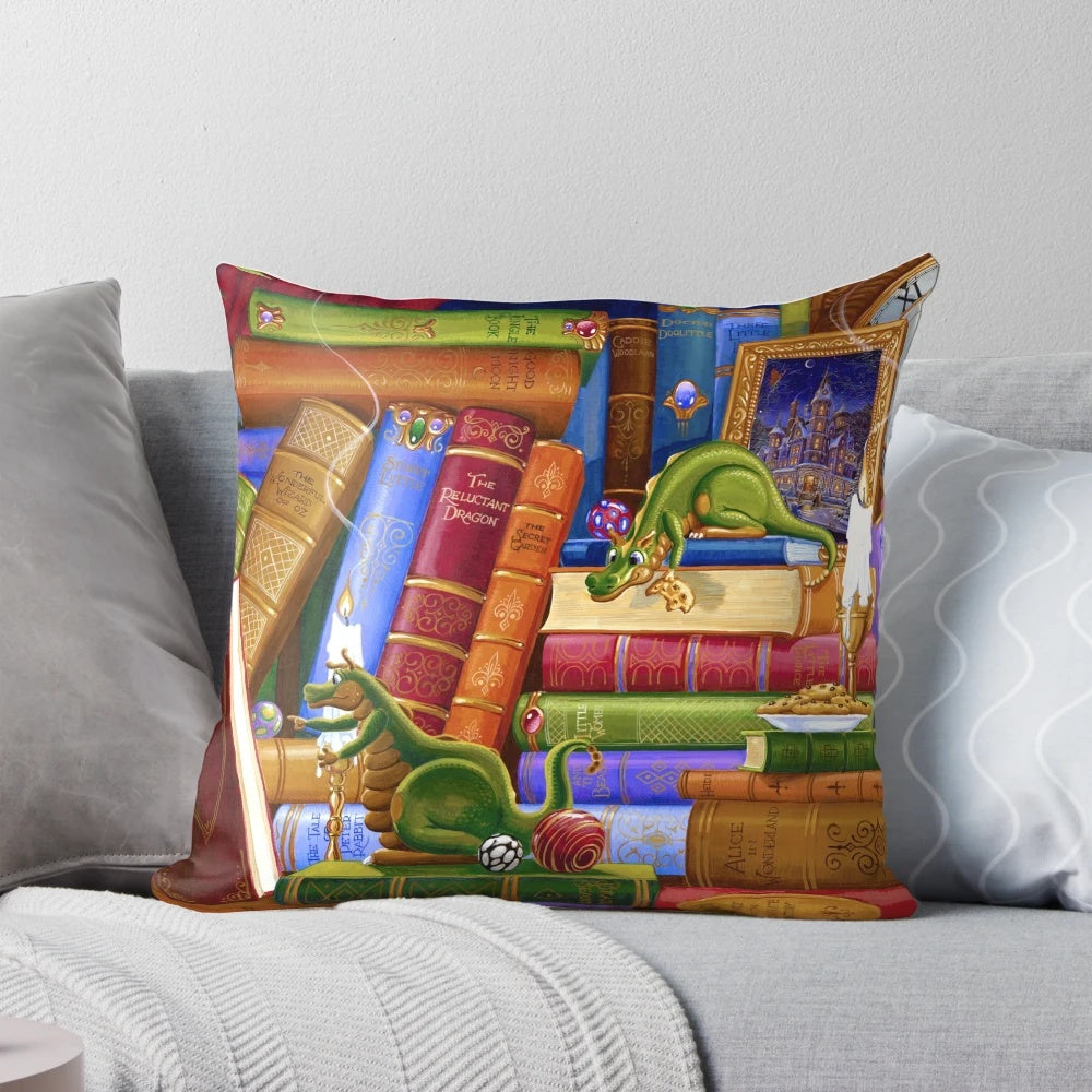Colorful Pillow Featuring Whimsical Fantasy Characters and Cookies