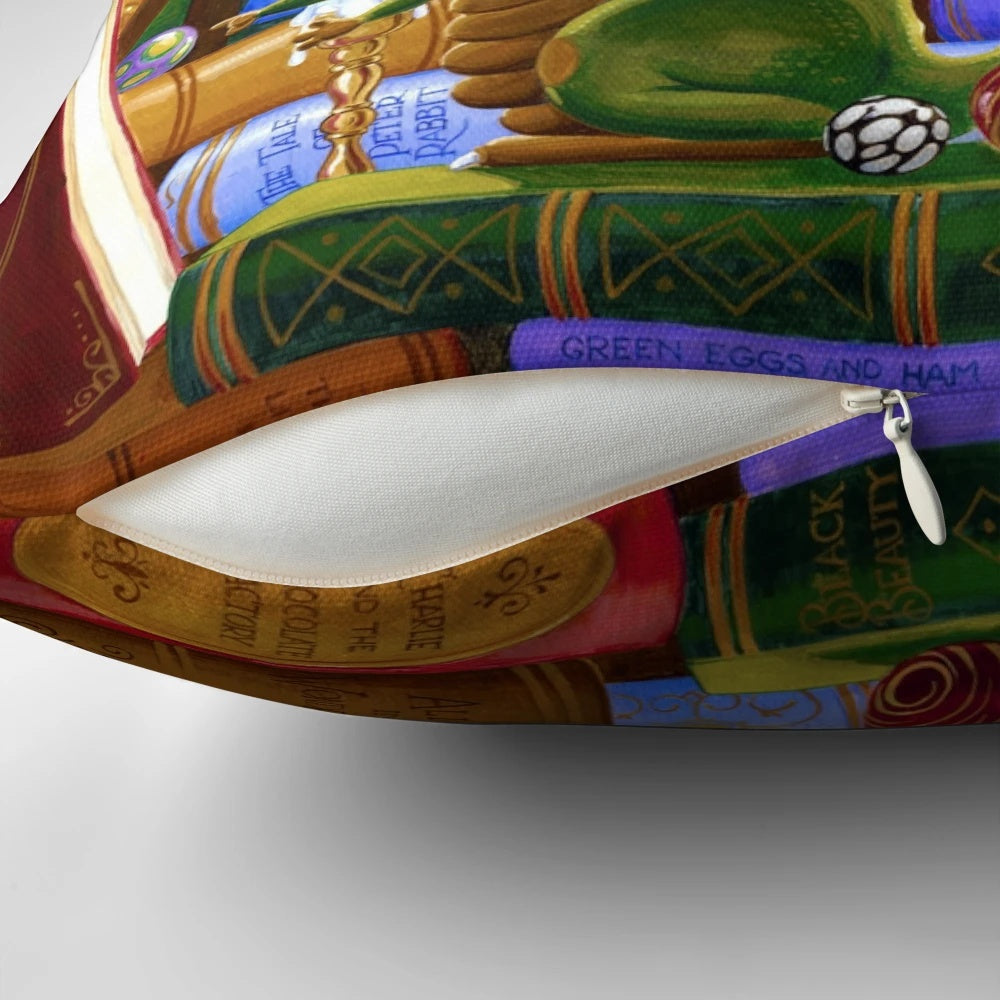 Colorful Pillow Featuring Whimsical Fantasy Characters and Cookies