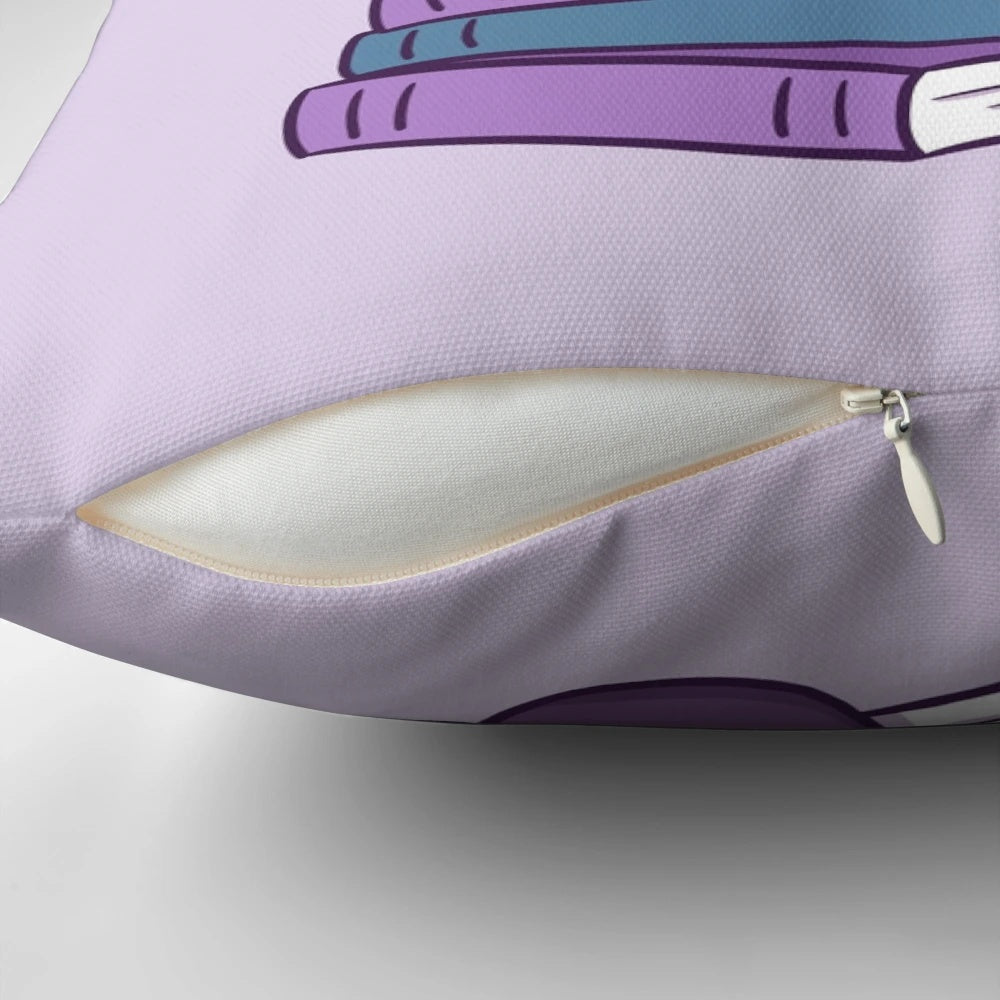 A soft, plush pillow featuring a whimsical illustration of a cat witch with a purple and pastel color scheme.