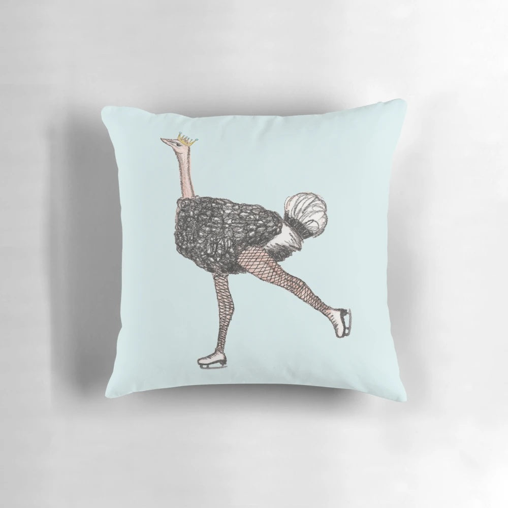 Whimsical figure skating ostrich plush pillow for kids, featuring a dancing ostrich in blue and white with stitched details.
