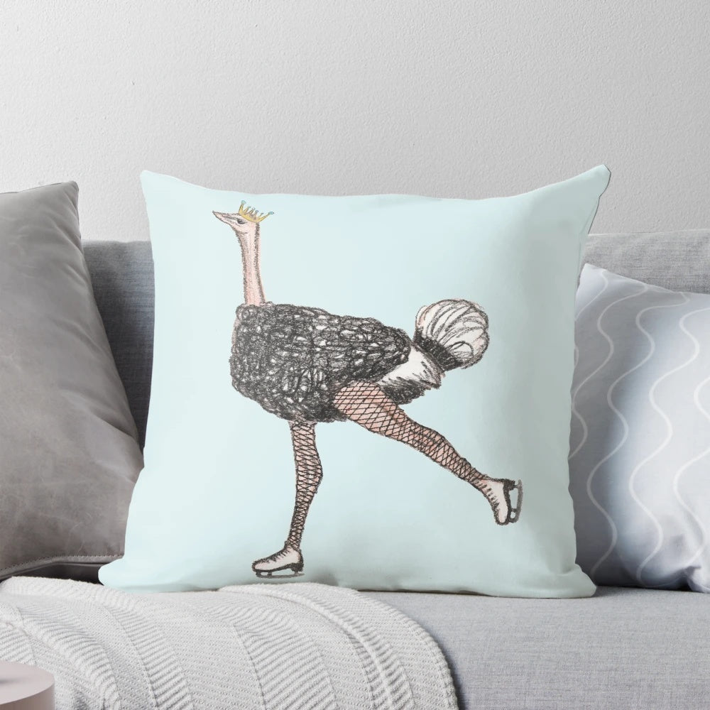 Whimsical figure skating ostrich plush pillow for kids, featuring a dancing ostrich in blue and white with stitched details.