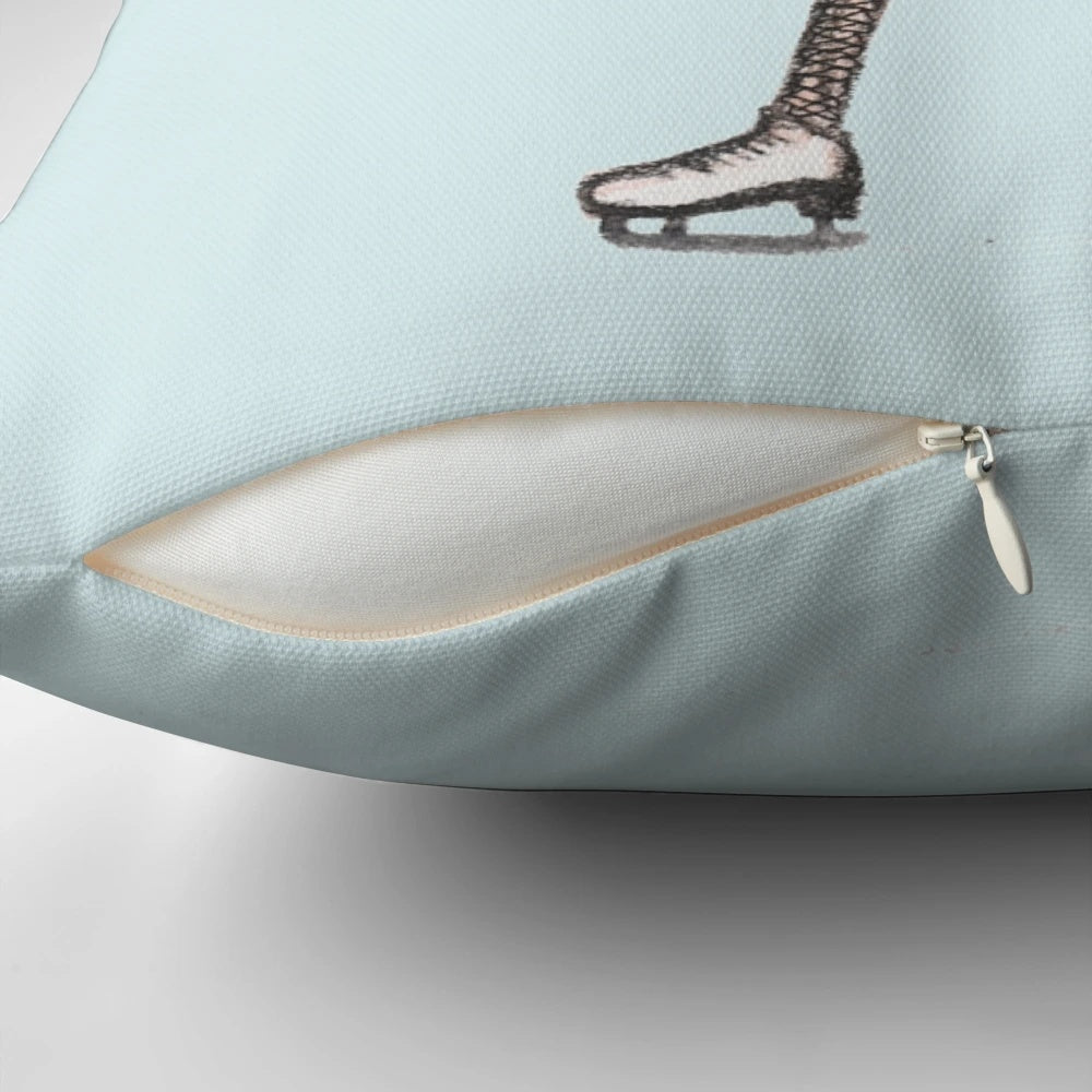 Whimsical figure skating ostrich plush pillow for kids, featuring a dancing ostrich in blue and white with stitched details.