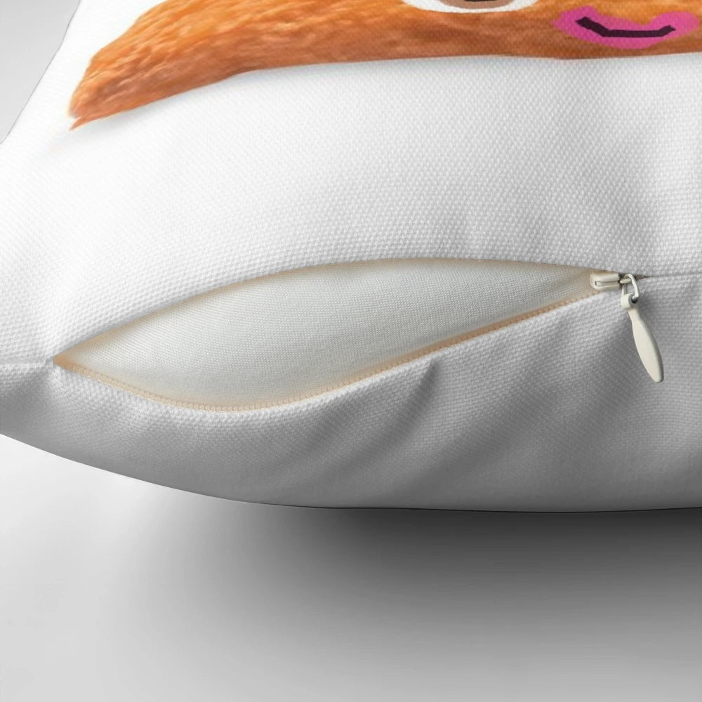 A plush pillow featuring a design of colorful "fish sticks with faces" in shades of orange, blue, green, and pink.