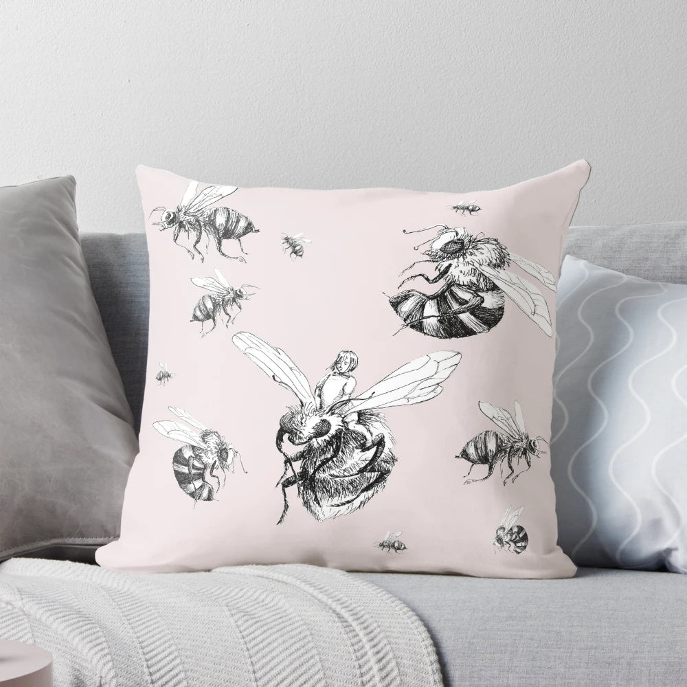 Vintage-inspired black and white ink illustration of a bumblebee on a decorative pillow for children's rooms and home decor.