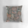 Decorative pillow featuring an illustration of forest animals like bears, deer, and wild boar amongst autumn leaves and trees.