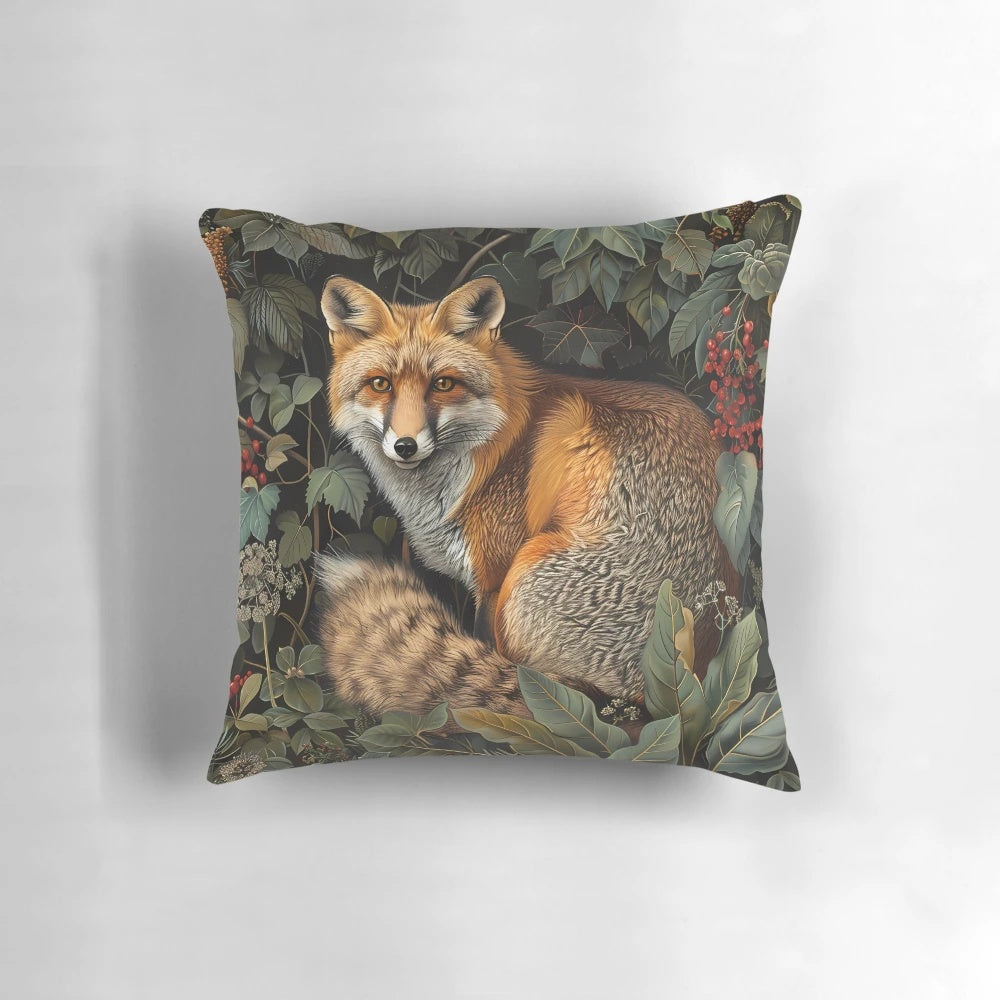 Whimsical forest fox design pillow with floral and cottagecore elements, inspired by William Morris