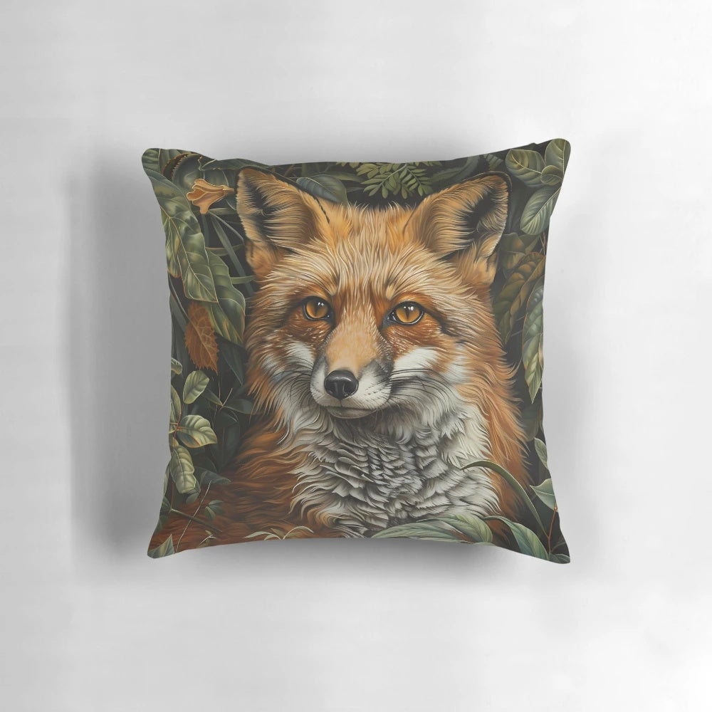 A cozy forest fox throw pillow with a whimsical floral pattern, inspired by the designs of William Morris.