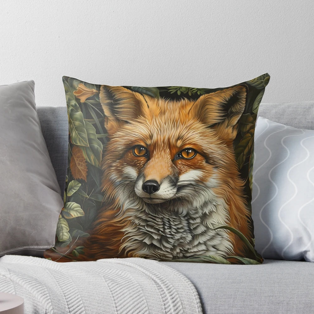 A cozy forest fox throw pillow with a whimsical floral pattern, inspired by the designs of William Morris.