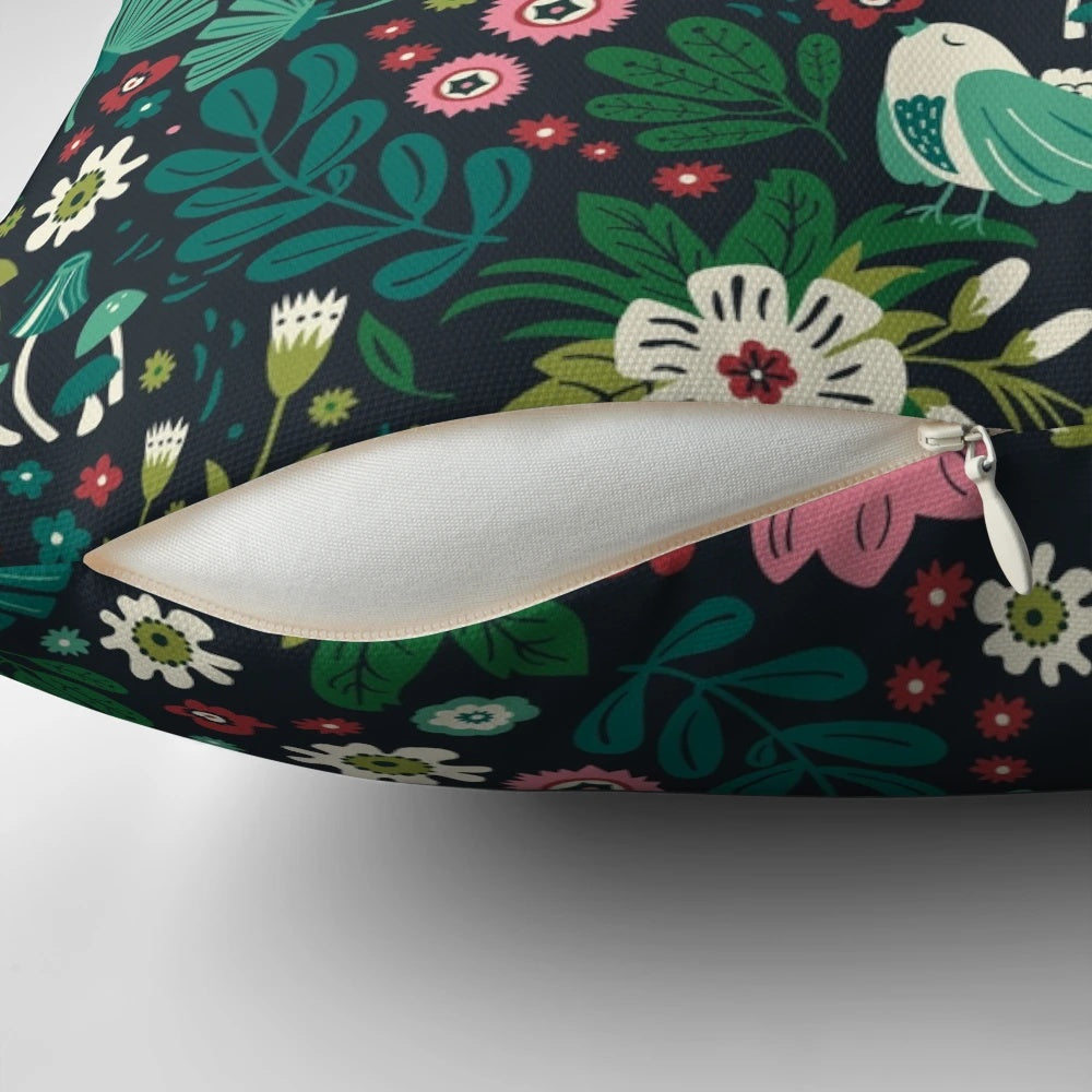 A cozy pillow featuring a whimsical pattern of forest animals and florals, perfect for kids' rooms and Mothers Day.