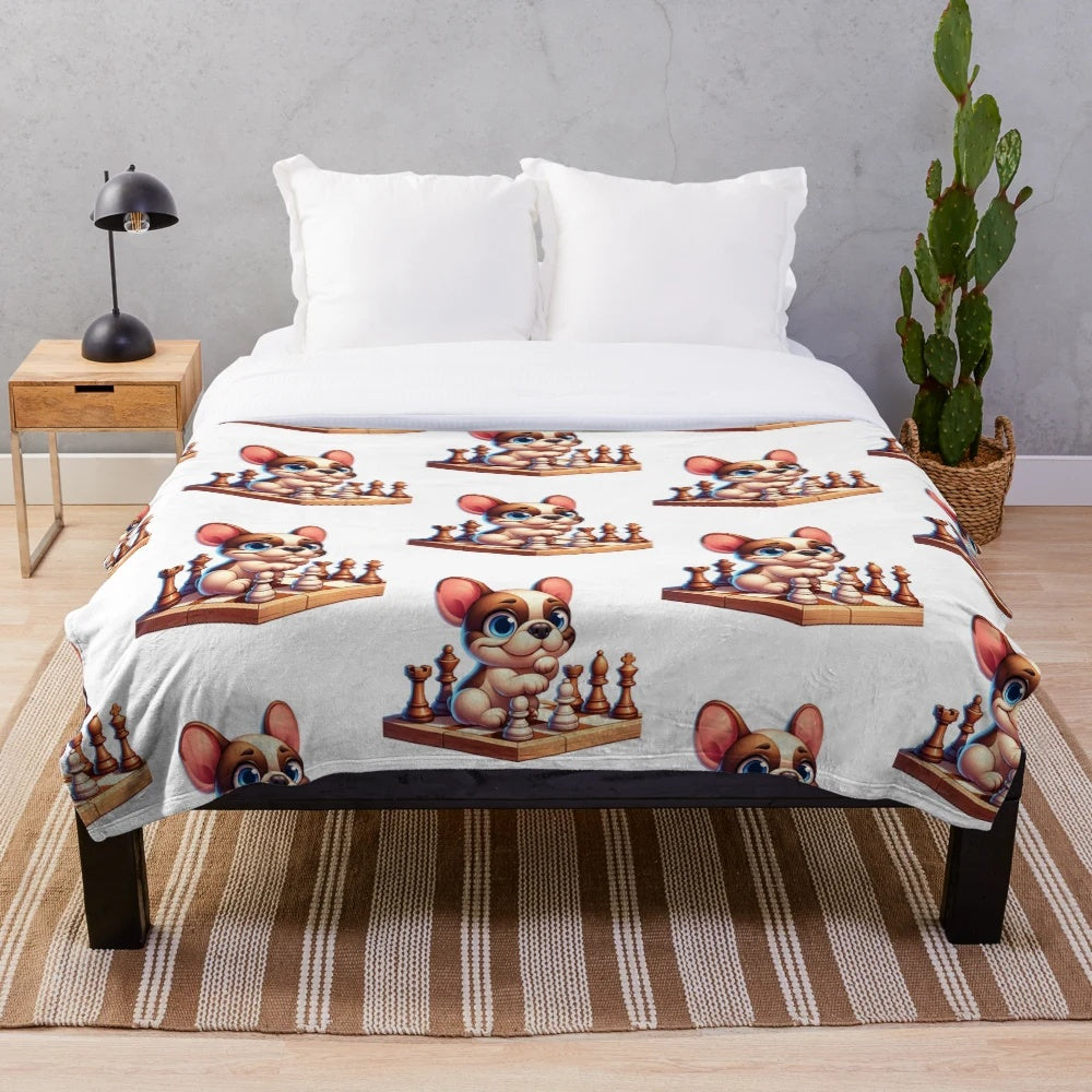 Whimsical French Dog Playing Chess Plush Blanket