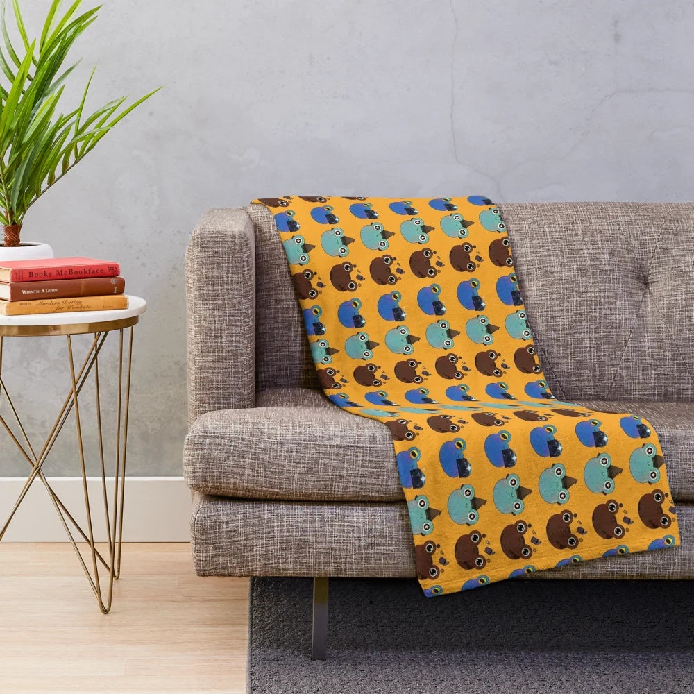 Hobbies for Froggies plush blanket featuring a trio of frog friends engaged in various hobbies like metal detecting, photography, and witchcraft