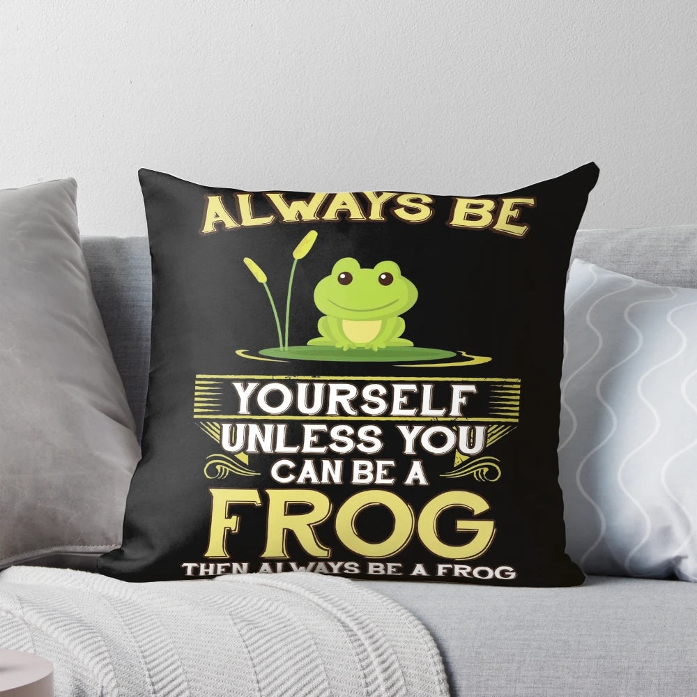 A decorative pillow featuring a whimsical, funny frog design for frog enthusiasts and amphibian lovers.
