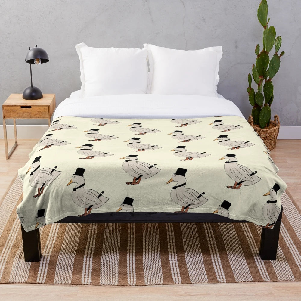 Gentleman duck in top hat and cane on a cozy plush blanket