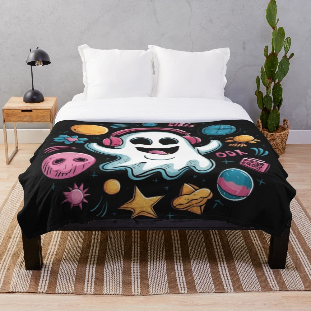 Cute ghost plush blanket featuring a ghost grooving to music with headphones
