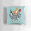 Ginger cat sitting on a barred chicken, creating a whimsical and humorous folk art-inspired product image.