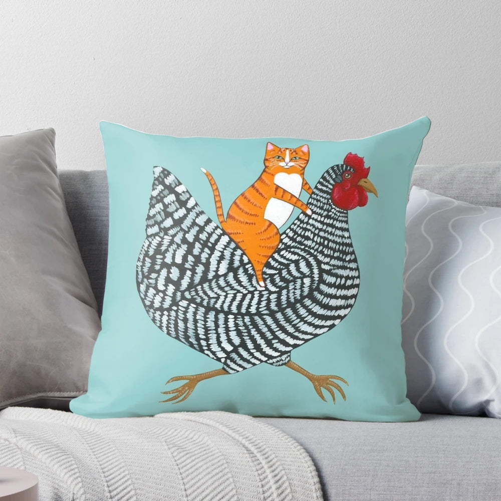 Ginger cat sitting on a barred chicken, creating a whimsical and humorous folk art-inspired product image.