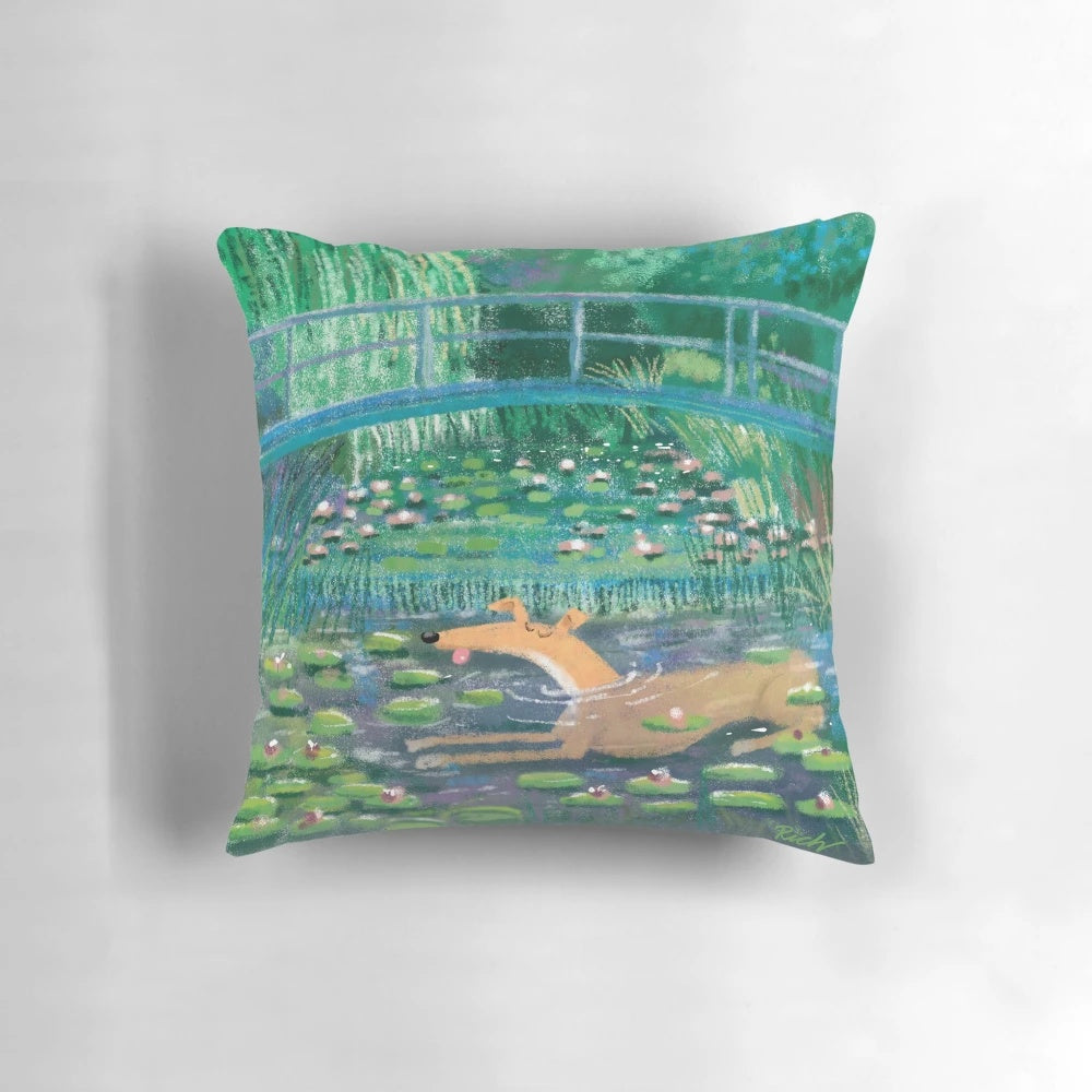 Decorative pillow featuring a whimsical illustration of greyhounds, whippets, and lurchers inspired by impressionist art