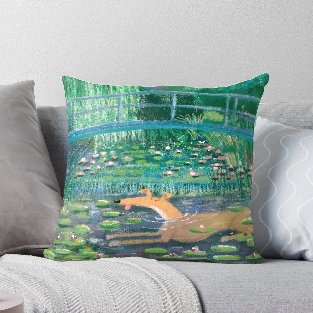 Decorative pillow featuring a whimsical illustration of greyhounds, whippets, and lurchers inspired by impressionist art