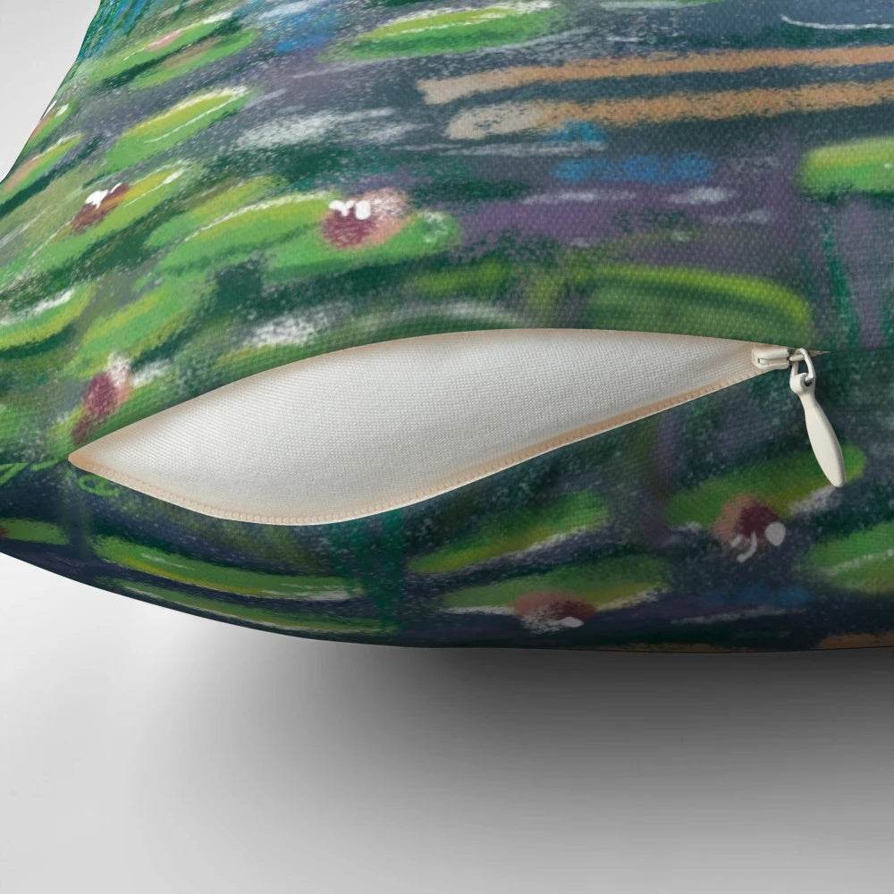 Decorative pillow featuring a whimsical illustration of greyhounds, whippets, and lurchers inspired by impressionist art