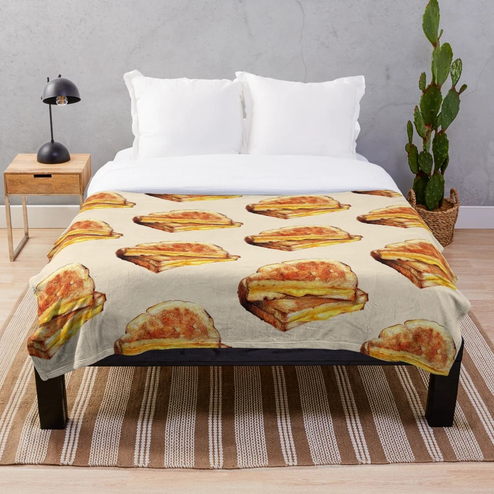 Grilled cheese sandwich plush blanket with a whimsical, hand-drawn design