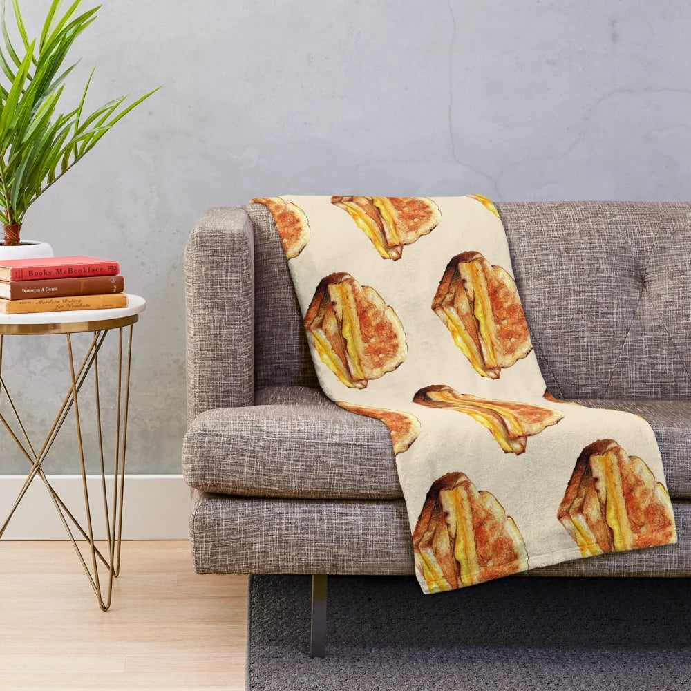 Grilled cheese sandwich plush blanket with a whimsical, hand-drawn design