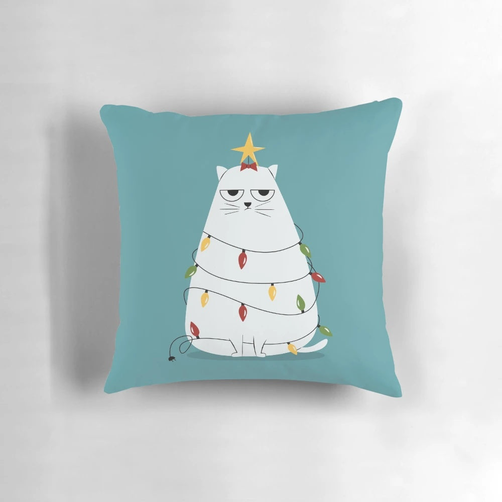 Grumpy cat cartoon illustration printed on a cozy throw pillow for holiday home decor