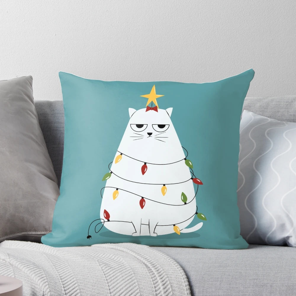 Grumpy cat cartoon illustration printed on a cozy throw pillow for holiday home decor