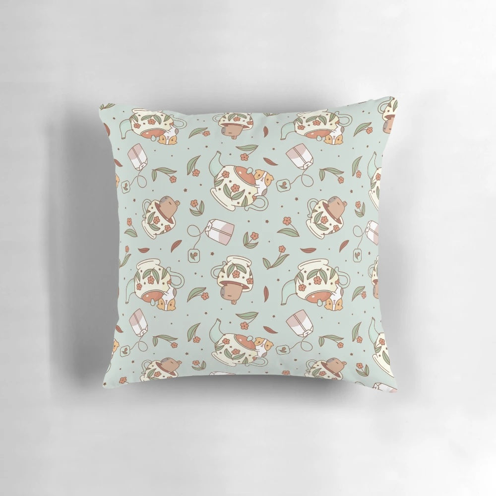 Vibrant guinea pig and capybara tea party pattern printed on a plush pillow