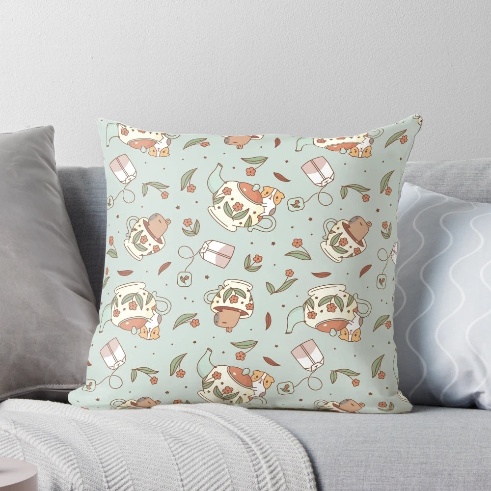 Vibrant guinea pig and capybara tea party pattern printed on a plush pillow