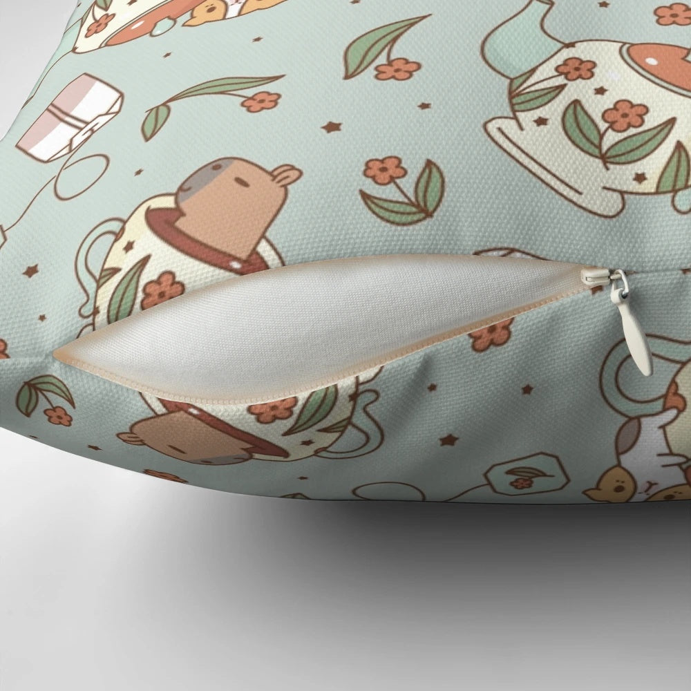 Vibrant guinea pig and capybara tea party pattern printed on a plush pillow